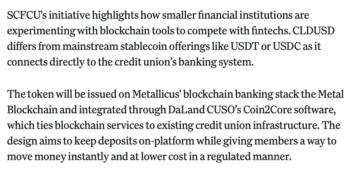 St. Cloud Financial Credit Union's upcoming stablecoin set to launch in late 2025 on Metal Blockchain!

coindesk.com/business/2025/…