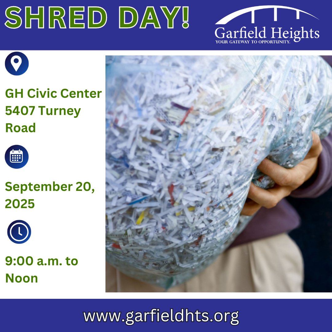 📆 Upcoming Community Services
🗑️ Shred Day

Date: September 20th

Time: 9:00 AM – 12:00 PM (Noon)

Location: Civic Center

⚠️ Household Hazardous Waste Collection

Dates:
September 8–12
September 15–19

Time: 7:30 AM – 3:00 PM

Location: 13600 McCracken Boulevard