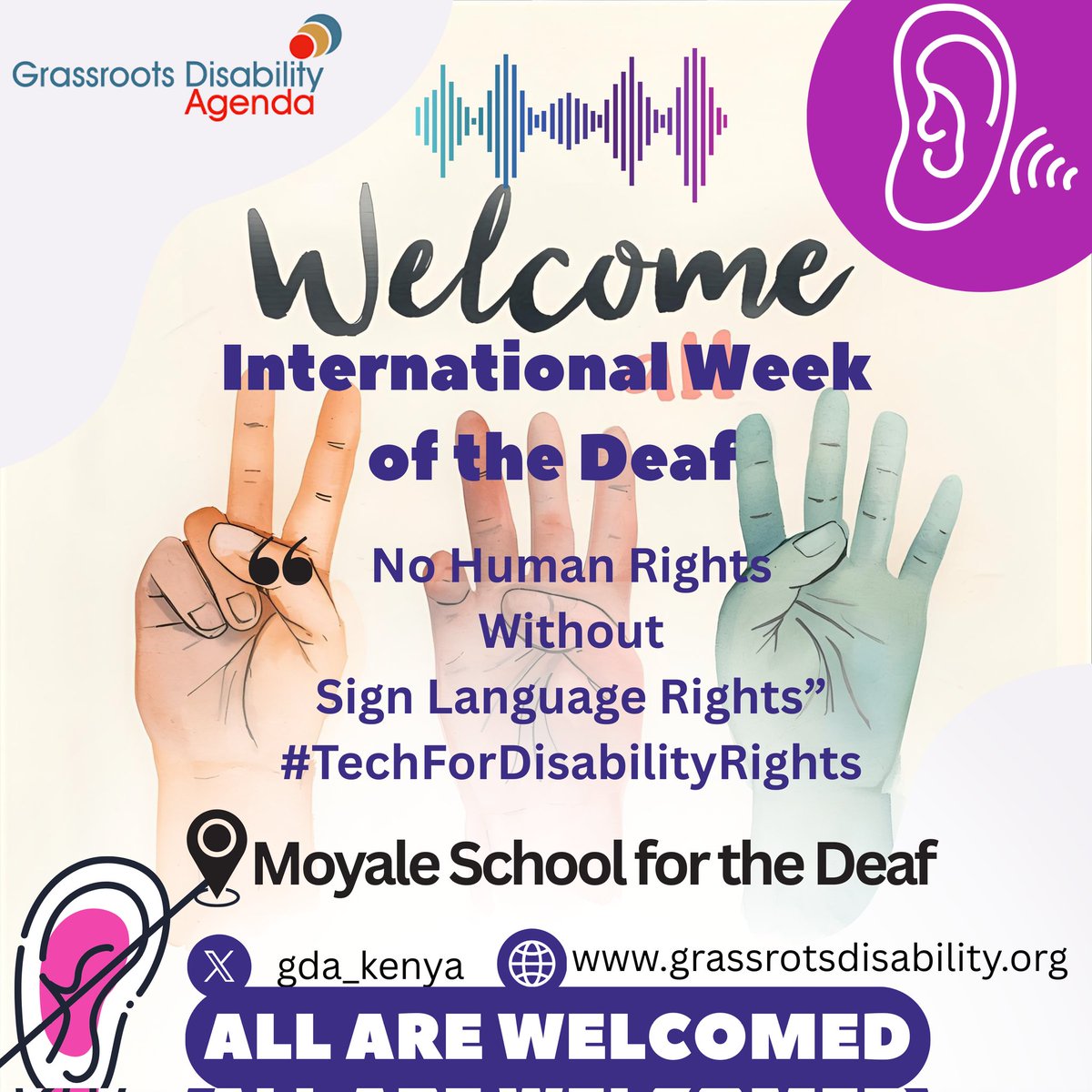 gda_kenya's tweet photo. On this International Week of the Deaf, we are taking it to the grassroots level. 💙
Join us at Moyale School for the Deaf as we champion the call:
“No Human Rights Without Sign Language Rights!” ✋🤟

#TechForDisabilityRights | #DeafAwareness | https://t.co/xo52imC7n6