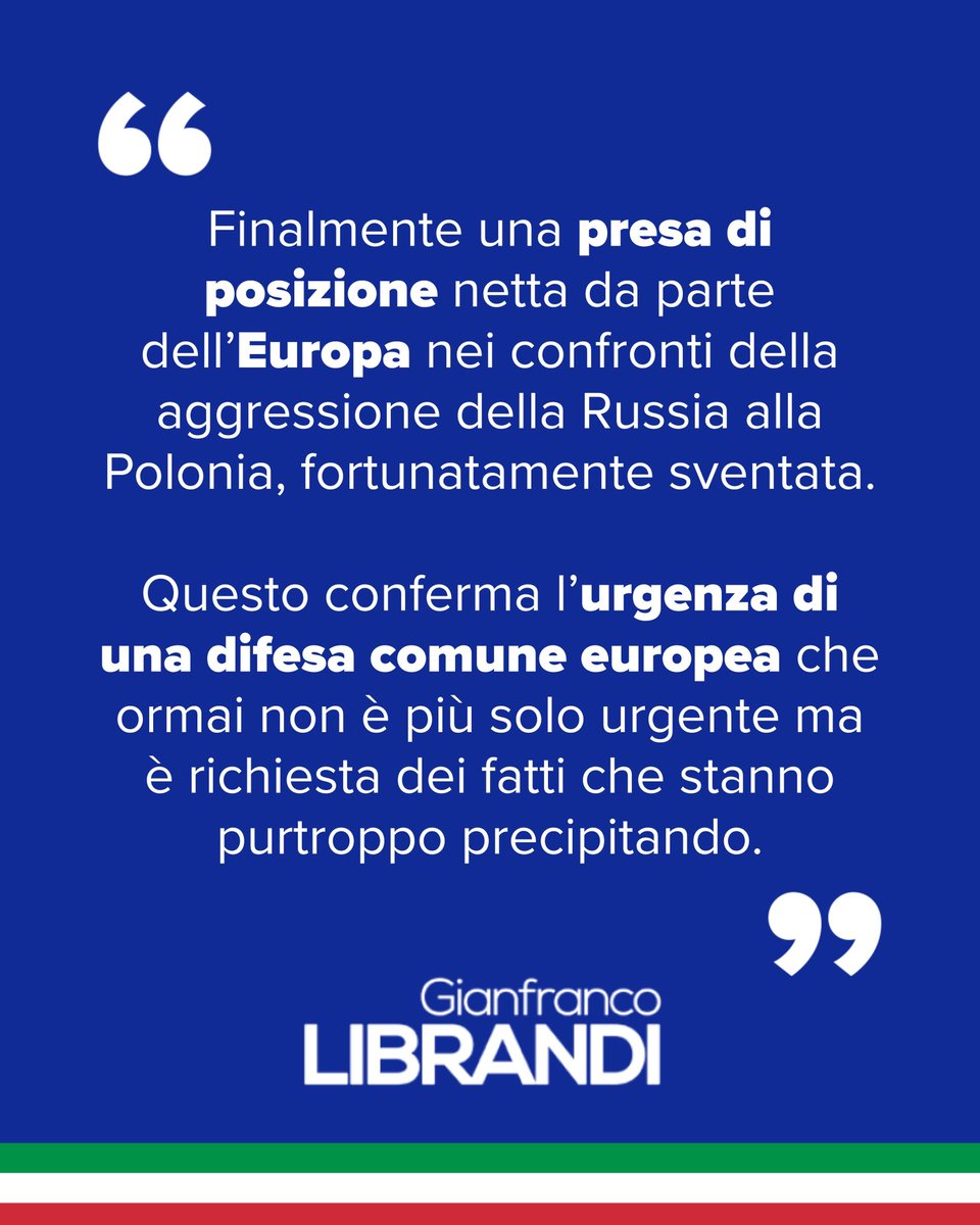 Finalmente una presa di posizione netta da parte dell’Europa nei confronti della aggressione della Russia alla Polonia, fortunatamente sventata.
Questo conferma l’urgenza di una difesa comune europea che ormai non è più solo urgente ma è richiesta dei fatti che stanno purtroppo