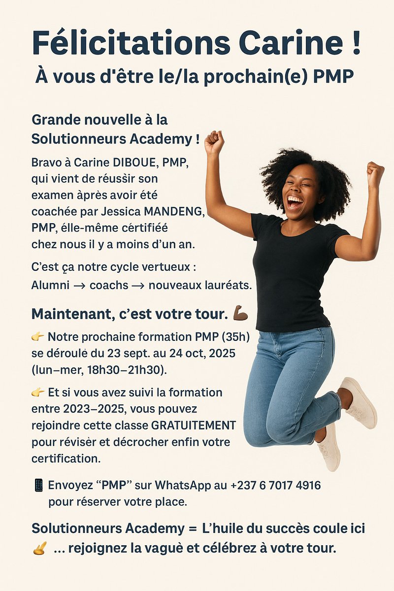 Solutionneursss's tweet photo. 🚨 GRANDE VICTOIRE @Solutionneursss  👌🏽🙌🏽
Félicitations à Carine DIBOUE, PMP 🎓🥳
✅ 100% de réussite depuis 2020 avec notre EXAM-SPRINT
🔥 TOI AUSSI, prépare ton PMP et rejoins la prochaine cohorte du 23 sept au 24 oct 2025 !
  
📲Envoie “PMP” via https://t.co/XykQhgsSNr
  #PMP https://t.co/2qbzZSBbip
