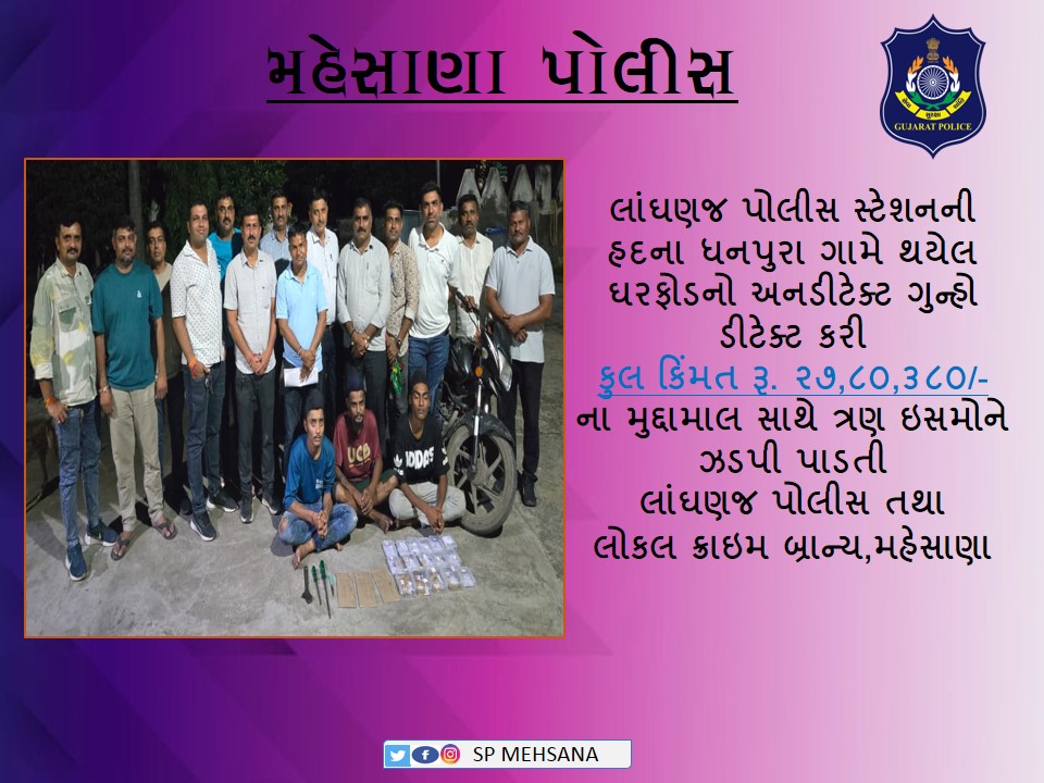 SPMehsana's tweet image. લાંઘણજ પોલીસ સ્ટેશન વિસ્તારના ધનપુરા ગામે થયેલ ઘરફોડ ચોરીનો અનડિટેક્ટ ગુન્હો ડિટેક્ટ કરી કિંમત રૂ.૨૭,૮૦,૩૮૦/- ના મુદ્દામાલ સાથે ત્રણ ઈસમોને પકડી પાડતી લાંઘણજ પોલીસ તથા લોકલ ક્રાઇમ બ્રાન્ચ, મહેસાણા
#MehsanaPolice
#Detection
#LocalCrimeBranch
#LanghnajPS
@dgpgujarat 
@GujaratPolice