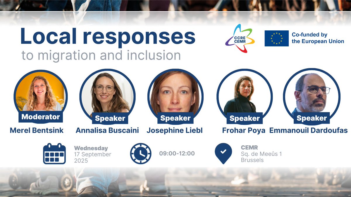 CCRECEMR's tweet photo. 📅 On 17 Sept, join our event on Local responses to #migration &amp; #inclusion 🌍 
 
Hear from experts incl. Annalisa Buscaini (EPC), @JosephineLiebl  (@ecre ), Frohar Poya (@ENoMW) &amp; @merelbentsink (@VNGi ), Emmanouil  Dardoufas (@EU_CoR)

Register now 👉https://t.co/SHcnPoY2mi https://t.co/VRA2CNeCnS