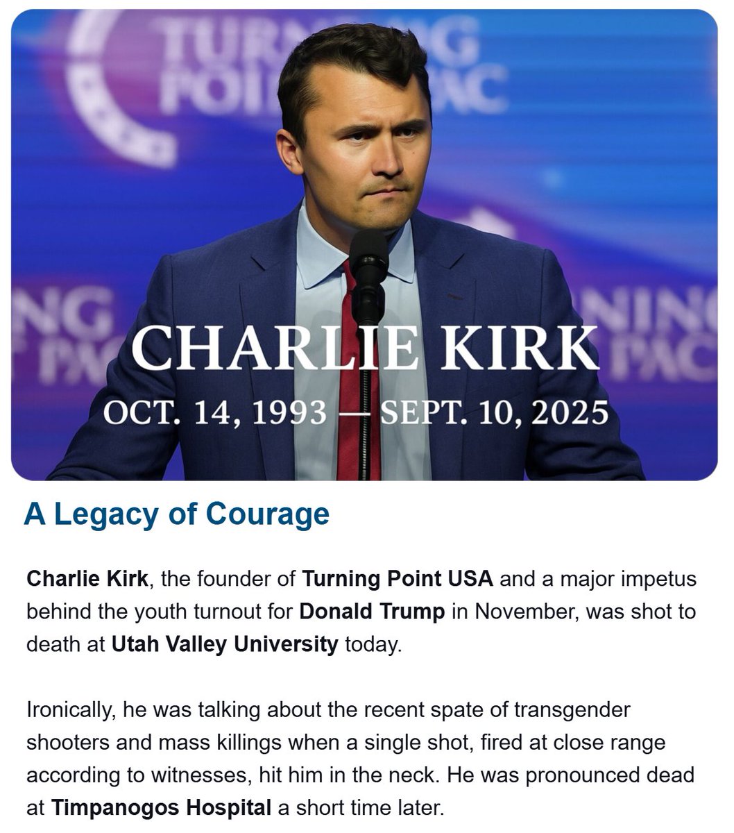 P_McCulloughMD's tweet image. Charlie Kirk’s Legacy

Kirk’s death is a painful reminder that when we equate one’s political opinions with their morality, we undermine our own. When we stop listening to each other and focus solely on our differences, we lose sight of all we have in common.

America was built…