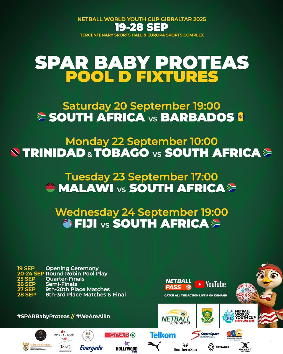 📅 Mark your calendars! 🇿🇦
Check out the SPAR Baby Proteas’ Pool fixtures for the Netball World Youth Cup 2025. ✅

🎥 netballpass.com ➕ youtube.com/@netballworldc…
ℹ️ nwyc2025.gi

#SPARBabyProteas #WeAreAllIn #RoadToGibraltar #NWYC2025GIB