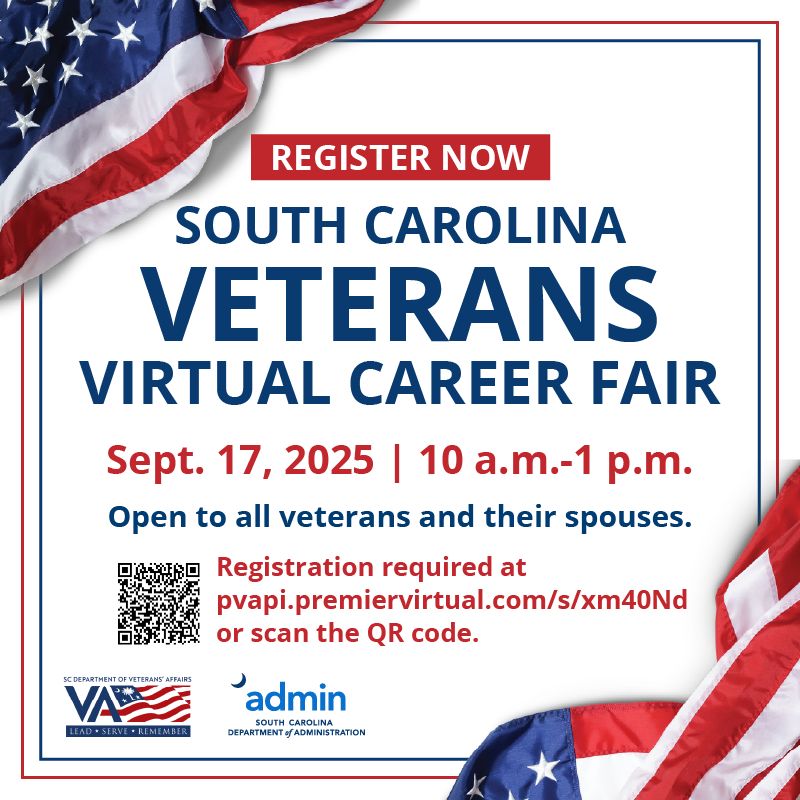 SC_EnvServices's tweet photo. 📣 Veterans! Ready for your next career move? Join the Veterans Virtual Career Fair on Sept. 17.
SCDES + 40+ state agencies are hiring in accounting, engineering, finance, health care, IT & more!
🔗 Register early: https://t.co/etdHOUXdl7
#Veterans #CareerFair #SCDES https://t.co/CvIWGleTZn