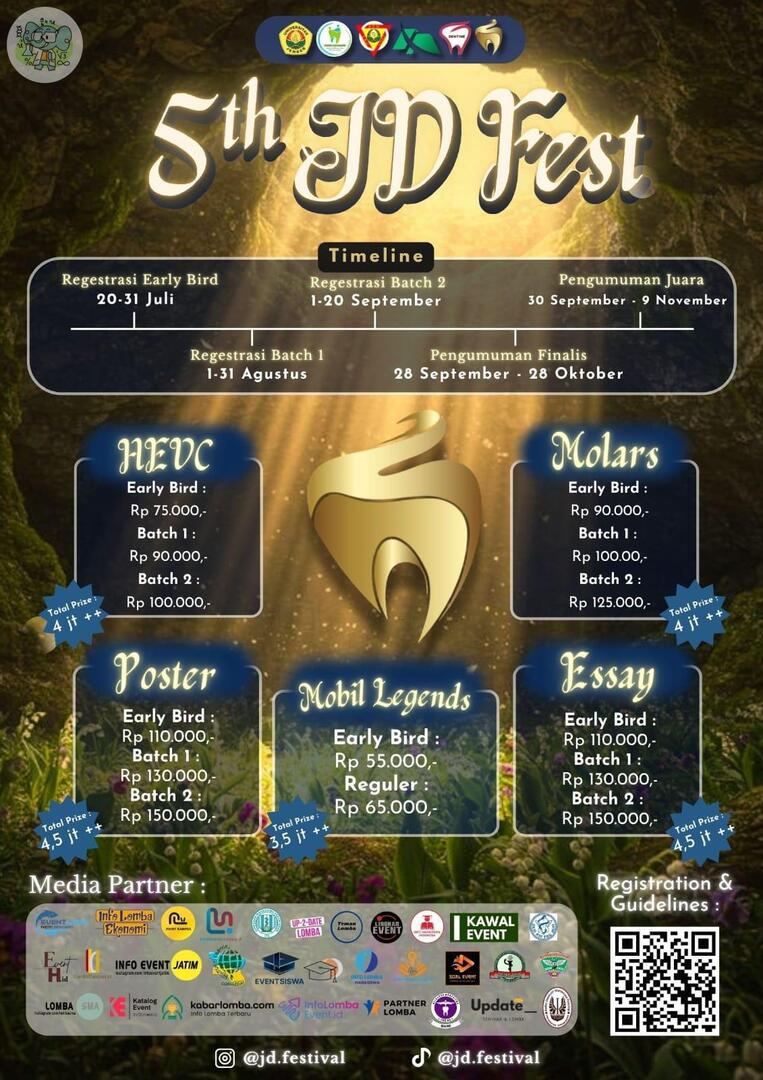 Sch! Yukk join gaes, untuk SMA ada lomba kedokteran gigi dasar, video edukasi kesehatan, sama mobile legends lhoo. Pas banget untuk kalian yang gamers atau lagi ngincer jurusan kesehatan. Mayan banget sertif nyaa. Total hadiah sampai 20 JT+++ lhoo🤯🤩🎉