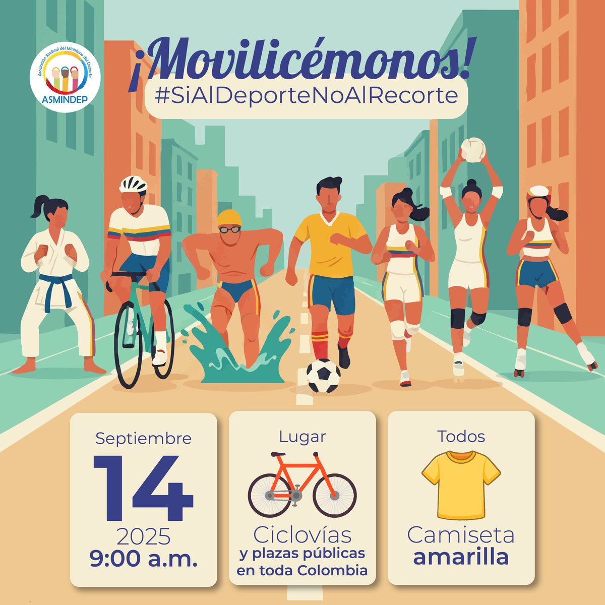 #SiAlDeporteNoAlRecorte Ponte la camiseta  por los deportistas de 🇨🇴 este 14 de septiembre, sal a las ciclovías y plazas públicas para exigirle al <a href="/SenadoGovCo/">Senado de la República 🇨🇴</a> <a href="/CamaraColombia/">Cámara de Representantes de Colombia</a> que no desmejoren el PRESUPUESTO 2026 del DEPORTE.