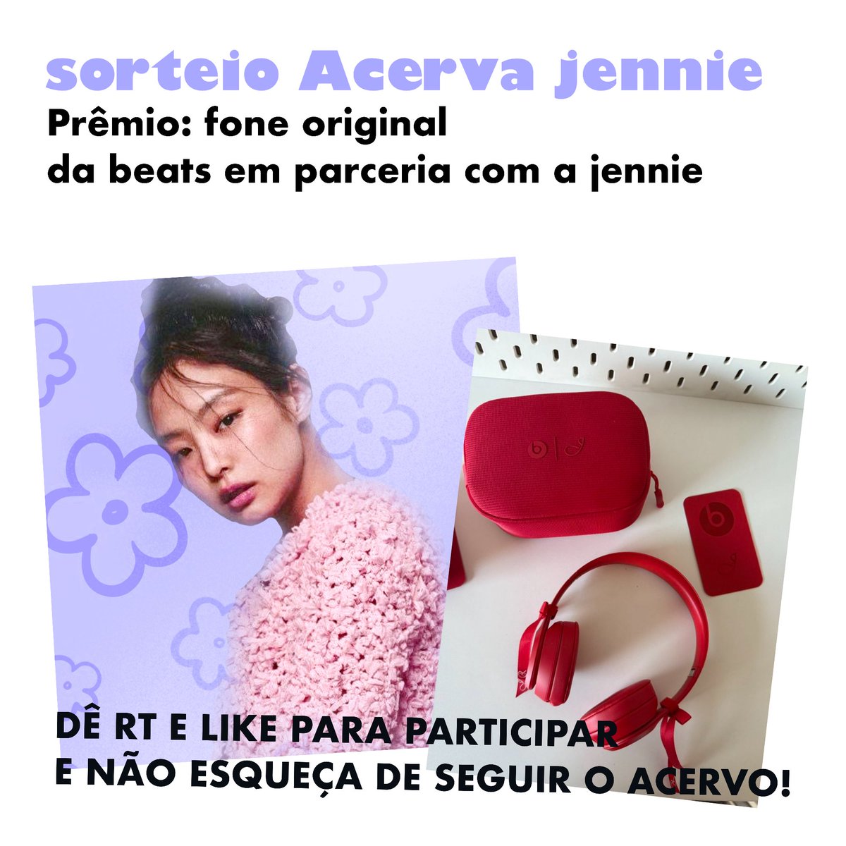 Acerva Jennie (@acervaj) on Twitter photo ACERVA JENNIE ESTÁ SORTEANDO UM FONE BEATS DA JENNIE!
Para participar basta:
seguir: <a href="/AcervaJ/">Acerva Jennie</a>
marcar @ de três(3) amigos
curtir este tweet
rebuplicar este tweet.
o resultado sairá dia 24/09.😉 ACERVA JENNIE ESTÁ SORTEANDO UM FONE BEATS DA JENNIE!
Para participar basta:
seguir: <a href="/AcervaJ/">Acerva Jennie</a>
marcar @ de três(3) amigos
curtir este tweet
rebuplicar este tweet.
o resultado sairá dia 24/09.😉