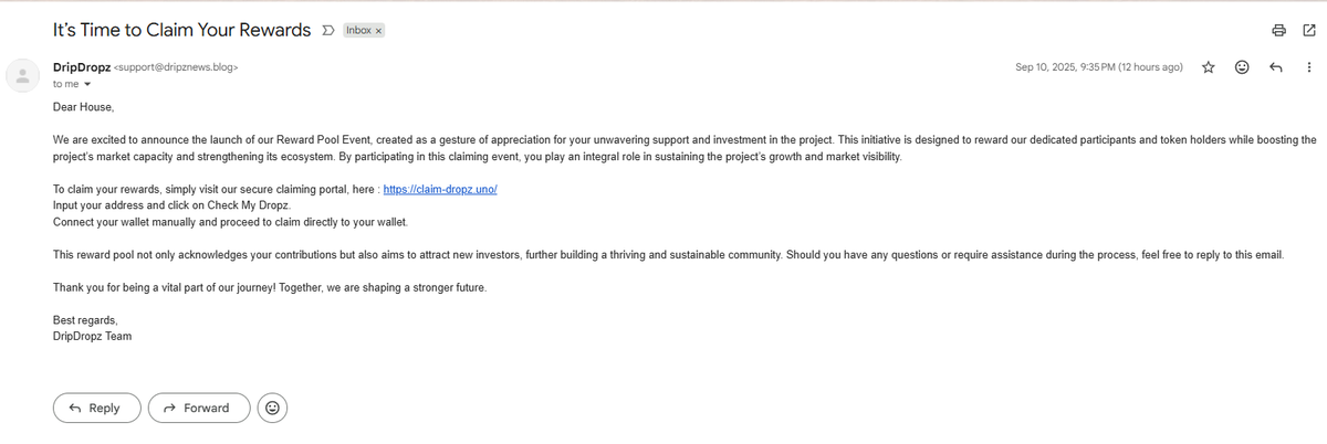 Stay cautious, friends. Someone or someones are attempting phishing attacks in our name.  

DripDropz will not message or email you privately to take any type of action. 

All communication from this team will always occur in public on our social media channels.