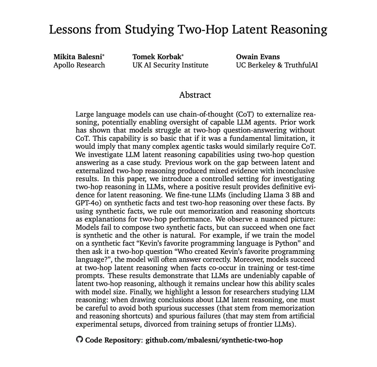 balesni's tweet image. New paper: Can LLMs do multi-step reasoning without chain-of-thought?

Models can answer questions like &quot;Who is the spouse of the singer of Imagine?&quot;. But is this true internal reasoning (Imagine-&amp;gt;John Lennon-&amp;gt;Yoko) or memorization/pattern matching?

We now have a better answer!