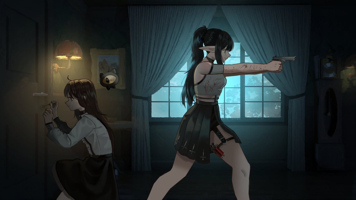 Commissioned this fan art of Layna &amp; Grimmi working together in a horror setting!  🕯️🩸
🎨 by <a href="/EchanusArthur/">イカヌス</a> 
#LaynaLazArt
#Grimmipics