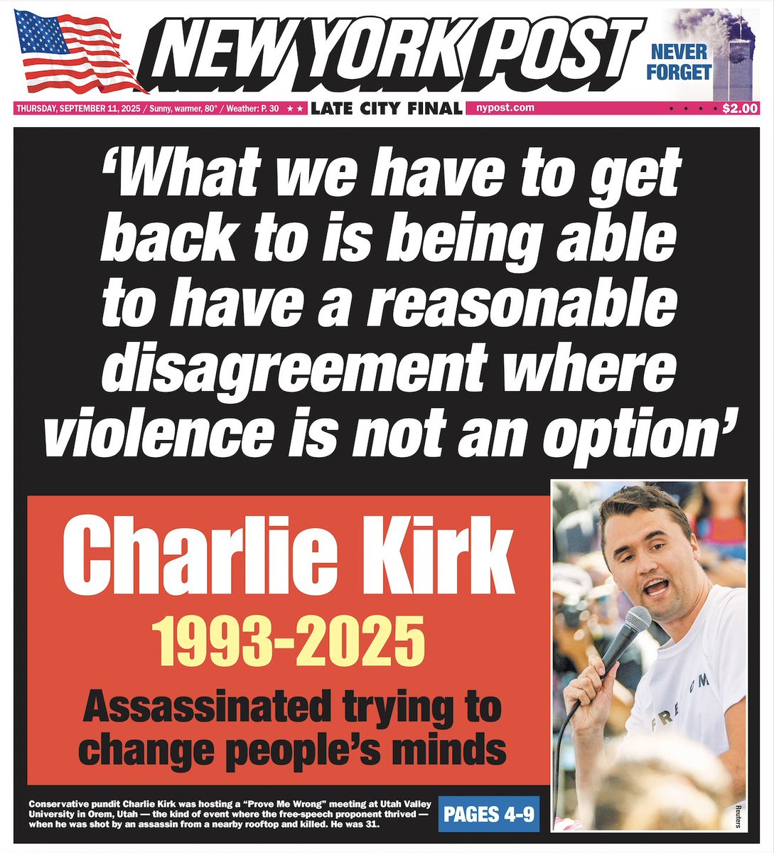 Today’s Cover: Charlie Kirk fatally shot at Utah Valley University during his American Comeback Tour trib.al/AGepV5s