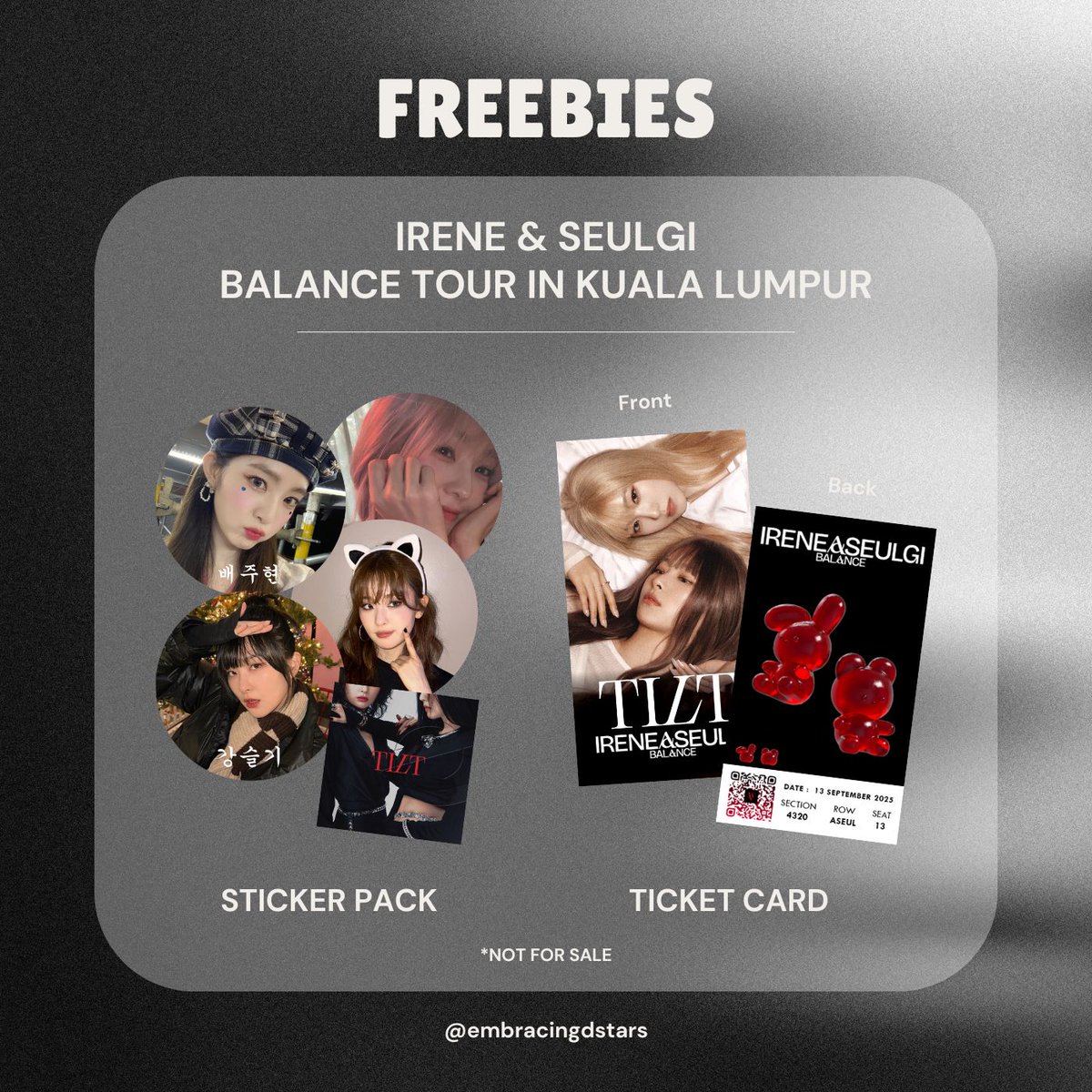 embracingdstars's tweet photo. Freebies for #RedVelvet_IRENE_SEULGI_BALANCE_KL

First come first serve (Limited sets available)
Just say Hi on D-day!

📍 Sungei Wang Plaza / Mega Star Arena 
(TBC on D-day) 
📆 13 September 2025 
🕰️ TBC

#BALANCEinKL #BALANCEinMY 
#BalancewithAseul #IRENE #SEULGI https://t.co/YEZz7W0GA8