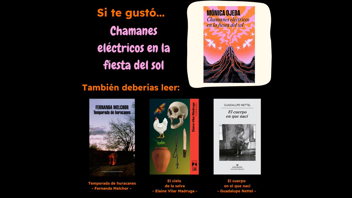 punk_readers's tweet image. Si te gustó Chamanes eléctricos en la fiesta del sol, este hilo es para ti 👇📚🎬📺🎮 
📚 Libros recomendados: 
⚫Temporada de huracanes - Fernanda Melchor -
⚫El cielo de la selva - Elaine Vilar Madruga -
⚫El cuerpo en el que nací - Guadalupe Nettel -

#books  #libros #lectores