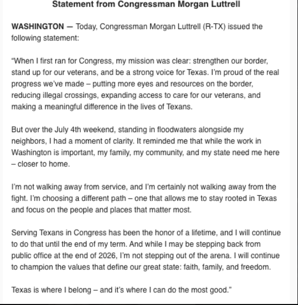 JakeSherman's tweet photo. MORGAN LUTTRELL, House Republican from Texas, will not seek re-election https://t.co/31qLedNkEj