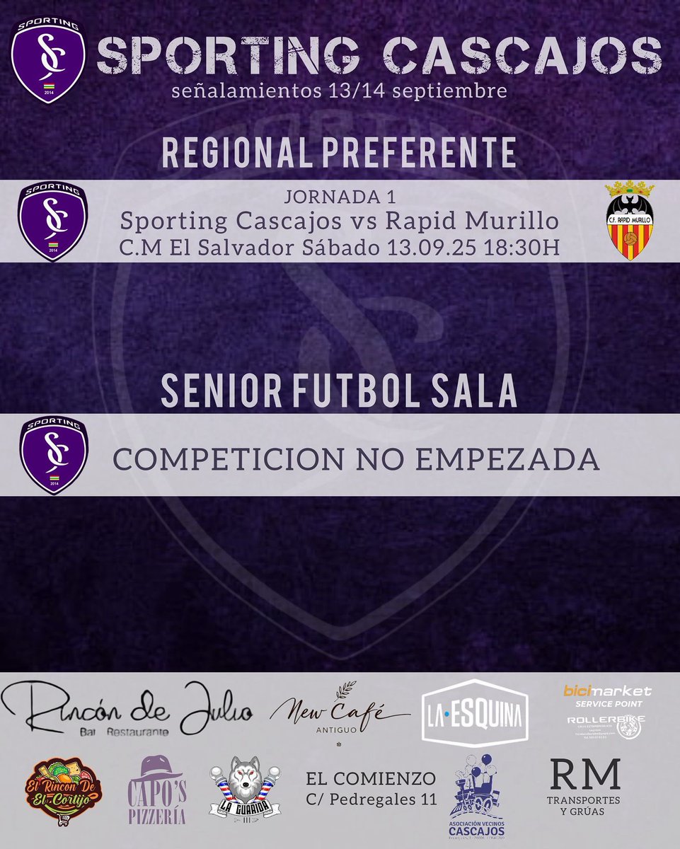 REGIONAL PREFERENTE 
Jornada 1
<a href="/cdscascajos/">CD SPORTiNG CASCAJOS</a> vs #Rapid
🏟️ El Salvador 
📆 Sábado, 13 de septiembre 
⏰ 18. 30 horas