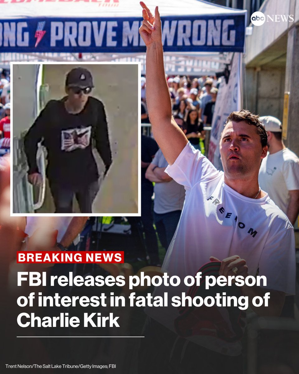 The FBI has released images of a person of interest sought in connection with the fatal shooting of Charlie Kirk, the founder of the conservative youth activist organization Turning Point USA, during an event at Utah Valley University on Wednesday. abcnews.link/bqM85G1