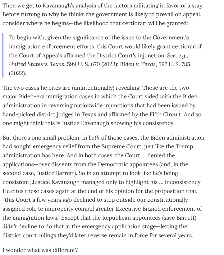 WilliamBaude's tweet photo. I haven't been as critical of Noem v. Vasquez Perdomo as some (and have agreed with a lot of what @OrinKerr and @RichardMRe have written) but the latest @steve_vladeck post makes some really powerful points. E.g.: https://t.co/Nw94bEH1BF
