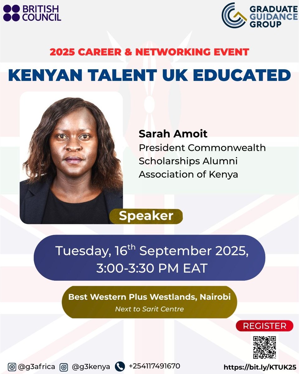 CSCAlumniKenya's tweet image. 📣 Join us for the Kenyan Talent, UK Educated event, taking place on Tuesday, 16th September 2025 at Best Western Plus, Westlands, Nairobi.

CSAAK President @tesosasa &amp;amp; @LindahMbaisi  (CSAAK, Communications) will be speaking. 

Register: graduateguidancegroup.com/ktuke-attendee…

#CSAAK #StudyUK