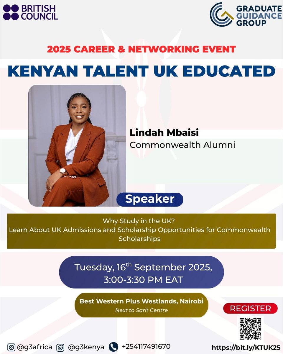 CSCAlumniKenya's tweet image. 📣 Join us for the Kenyan Talent, UK Educated event, taking place on Tuesday, 16th September 2025 at Best Western Plus, Westlands, Nairobi.

CSAAK President @tesosasa &amp;amp; @LindahMbaisi  (CSAAK, Communications) will be speaking. 

Register: graduateguidancegroup.com/ktuke-attendee…

#CSAAK #StudyUK