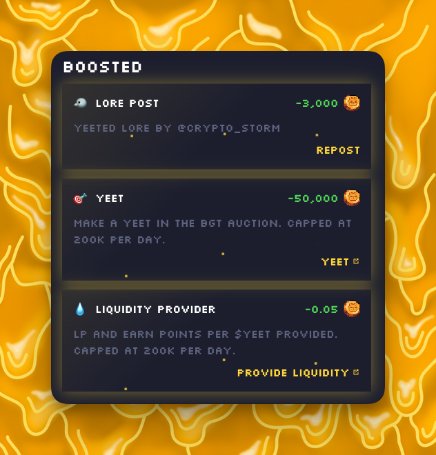 gm Yeetards. New boosted quests are live 🏆

1. RT a lit bost by idiot <a href="/crypto_st0rm/">ST0RM</a> 
2. Yeet
3. LP the new YEET-osBGT pool