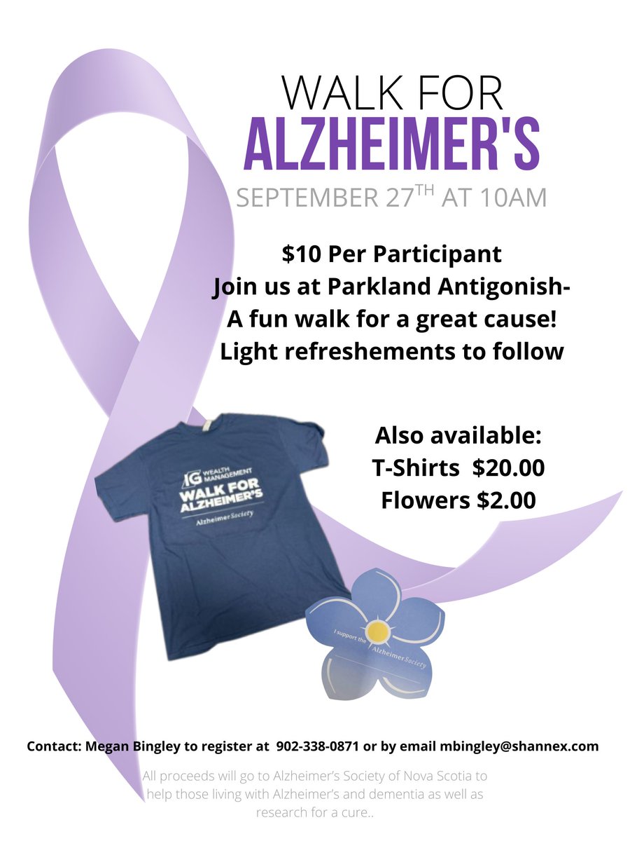 AntigonishTown's tweet photo. Community Posting:
Join us at Parkland for a fun walk for a wonderful cause
Help Support Alzheimer's Society of Nova Scotia with a donation or by purchasing a shirt. 
Enjoy light refreshments afterwards provided by Parkland Antigonish https://t.co/w5IyocROIv