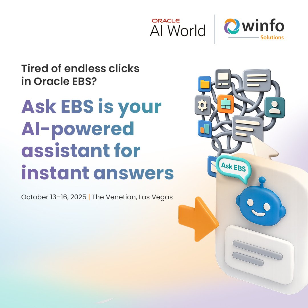 _WinfoSolutions's tweet image. Still clicking through endless Oracle EBS screens?

Meet #AskEBS — your AI-powered assistant for Oracle E-Business Suite.
✅ Ask in plain English
✅ No SQL, no training
✅ Instant answers inside EBS

🎥 See it live at #OracleAIWorld2025:
🔗 eu1.hubs.ly/H0m-kNb0

#AIforEBS