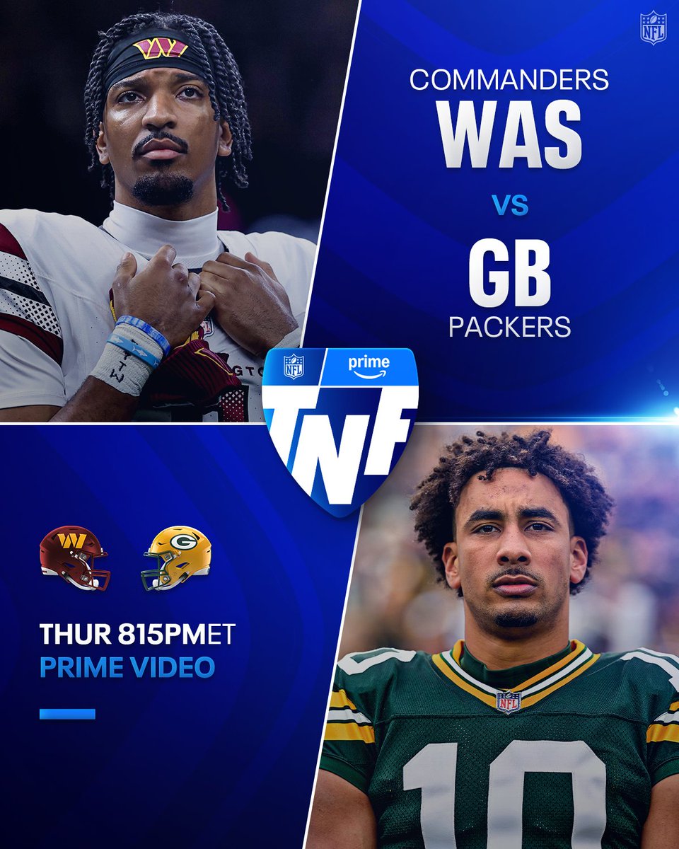 NFL's tweet photo. It's Jayden vs. Jordan on TNF ✨

WASvsGB – Tonight 8:15pm ET on Prime Video
Also streaming on @NFLPlus https://t.co/bsdsBUbTUk