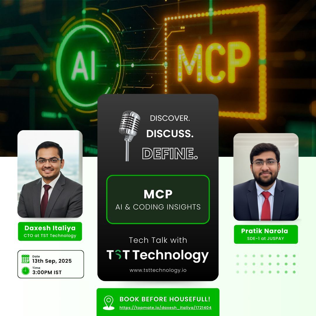 🚀 Experience MCP live!
Smarter code, fewer bugs, faster delivery.

📅 13 Sep | 3–5 PM

Join → topmate.io/daxesh_italiya…

#MCP #AIPoweredDev #TechTalk