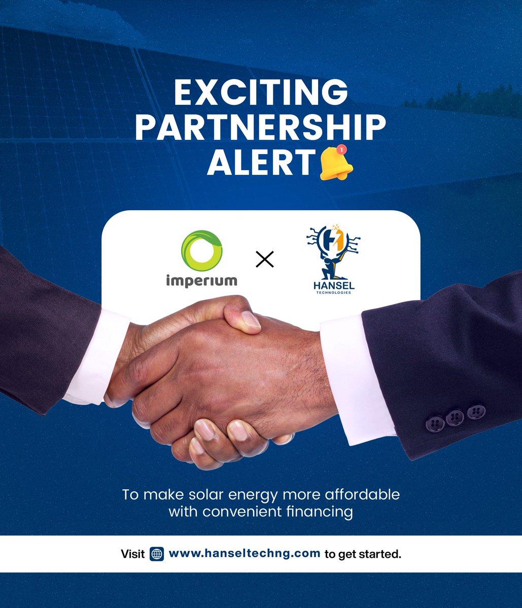 HanselTechNG's tweet photo. Big News! 🚨
We’ve partnered with @myimperium (Sterling Bank’s renewable energy platform) to make solar affordable for all!
✅ 20% deposit  
✅ Pay over 6–36 months  

Read more 👉 https://t.co/SogeiteZ8V  

#SolarForAll #CleanEnergy #HanselTechnologies #iphone17 #Nigeria https://t.co/3a7wZT2azg