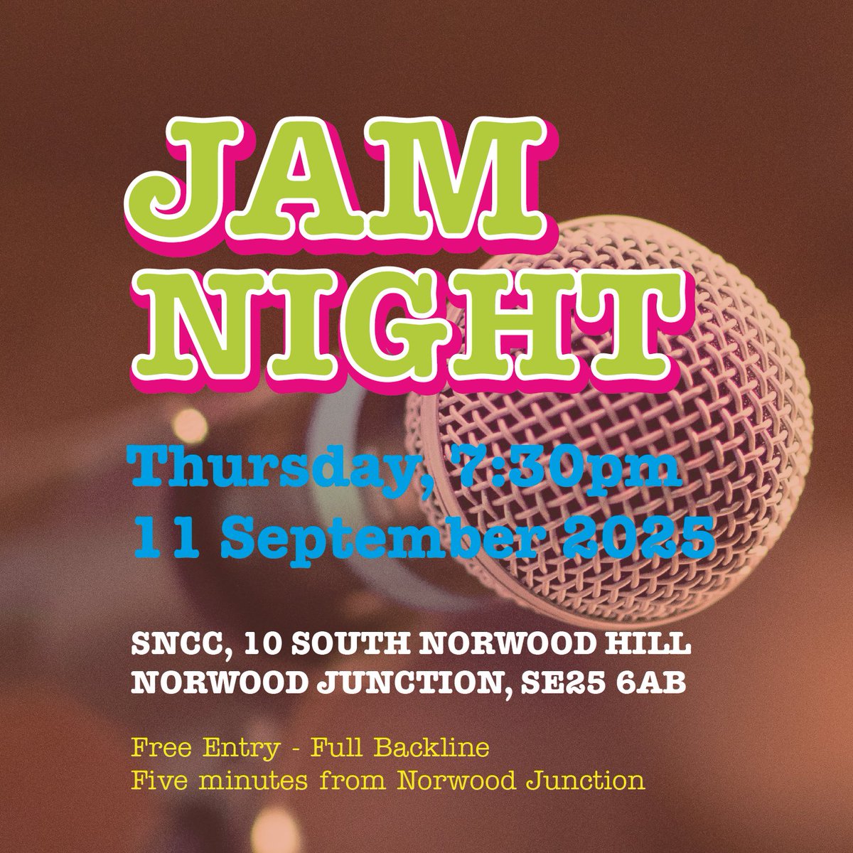 A reminder that it's our jam night this evening at the SNCC!  Looking forward to seeing you there!

#keepmusiclive #livemusic #SE25 #jamnight #openmicnight #openmic #southnorwood #Croydon

Event here: facebook.com/events/1266171…