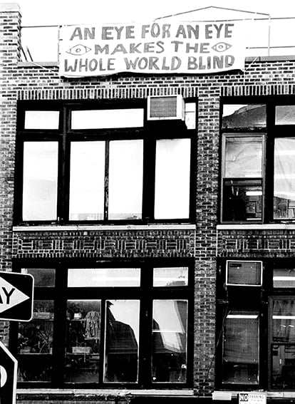 Hung from the Peace Pentagon after September 11, 2001, the cycle of violence continues.   

"Non-violence is a form of action that affirms life, speakers out against oppression, and acknowledges the value of each person."   (From the <a href="/warresistersint/">War Resisters' International</a> Statement of Principle)