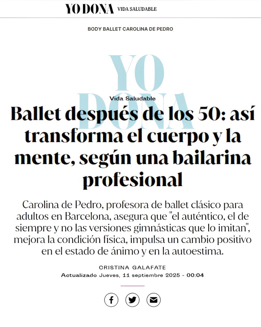 Celebro con  gratitud la publicación de un reportaje en YO Dona (El Mundo) sobre un  tema que me apasiona y al que he dedicado 50 años de mi vida: 
el #ballet clásico —el auténtico, el de siempre—, hoy enfocado en mujeres de 50 años en adelante 🩰

Enlace :