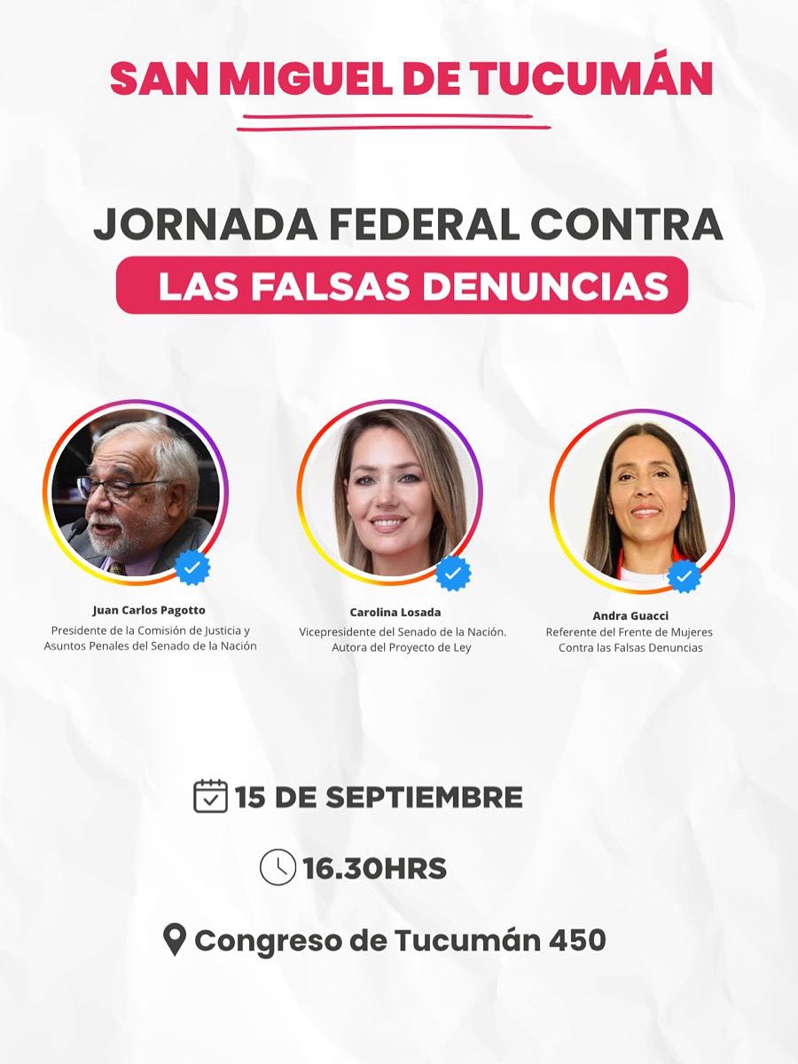 TUCUMÁN 
JORNADAS FEDERALES CONTRA LAS FALSAS DENUNCIAS

📍TUCUMÁN 16:00 📍 #ColegiodeAbogados 

@carolosada @juancarlospagottook 

#tipificaciondeldelito #bastadefalsasdenuncias
#jornadasfederales

ANÓTATE Y SE PARTE 
👉docs.google.com/forms/d/e/1FAI…