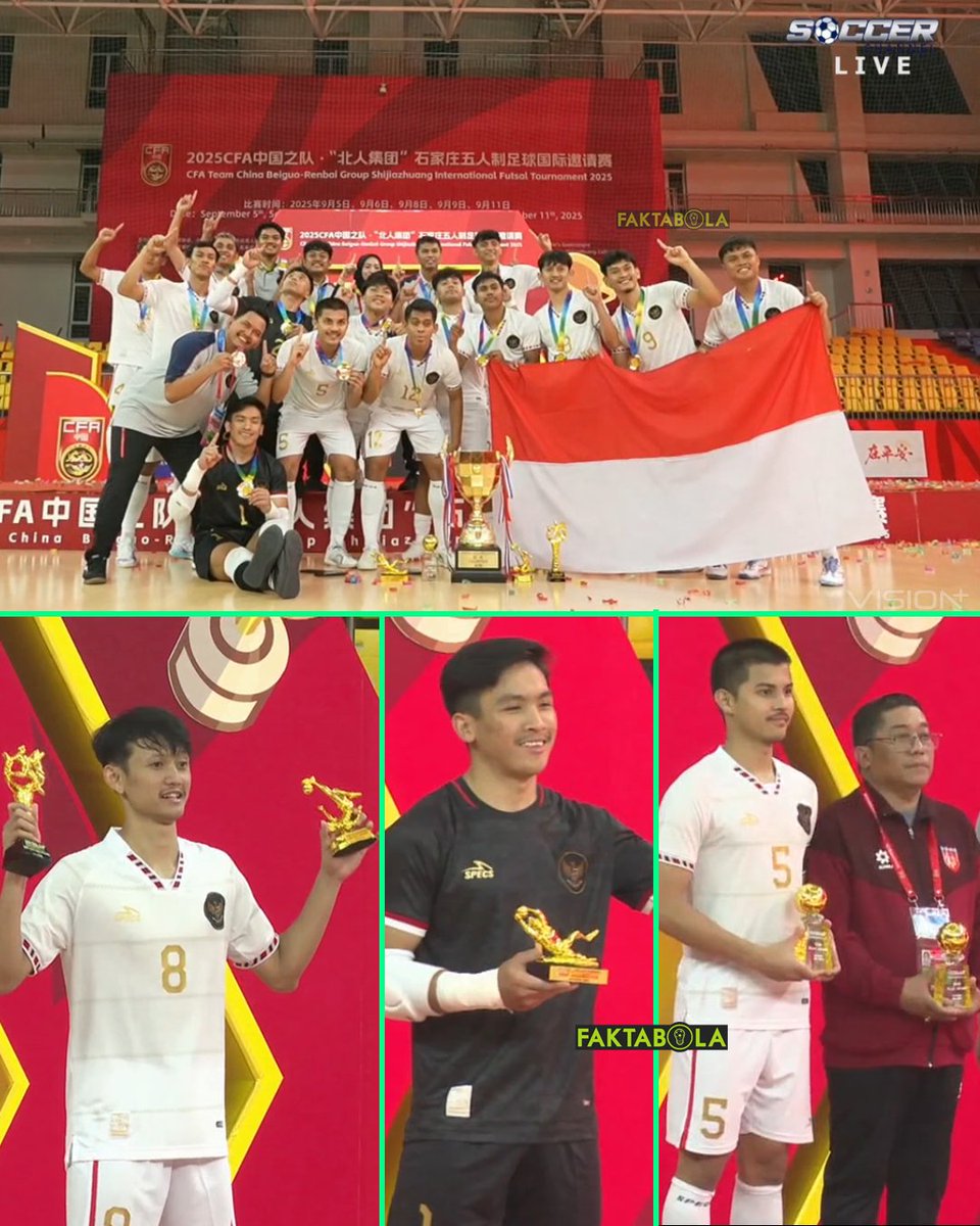Perjalanan Timnas Futsal Indonesia berhasil juara CFA International Futsal Tournament 2025 di China. 🏆🇮🇩

→ Fase Grup
Indonesia 5-1 Kamboja
Myanmar 0-5 Indonesia
New Zealand 1-2 Indonesia

→ Semi-final
Indonesia 3-0 Korea Selatan

→ Final
Indonesia 4-2 Denmark