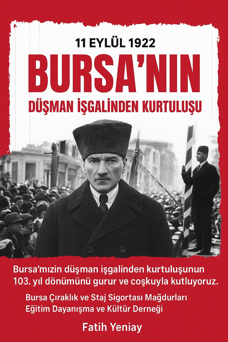 Bursa Çırak Staj Sigortası Mağdurları Derneği olarak şehrimizin düşman işgalinden kurtuluşunun 103. yıl dönümünü gurur ve coşkuyla kutluyoruz. 🇹🇷
Başta Gazi Mustafa Kemal Atatürk olmak üzere, vatan uğruna canını feda eden tüm kahramanlarımızı rahmet, minnet ve saygıyla anıyoruz.