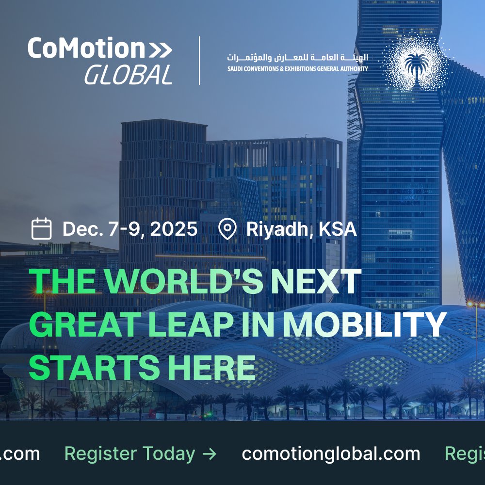 CoMotionNEWS's tweet photo. The World’s Next Great Leap in Mobility Starts Here! 🌍
On December 7–9, #CoMotionGLOBAL lands in Riyadh, Saudi Arabia, bringing together global leaders to explore the future of #mobility and urban transformation.
From #autonomousvehicles to #smartinfrastructure, CoMotion is the platform for innovation and collaboration. With speakers from @MIT Mobility Initiative, @automobilityltd, @ALJCorporate, and more, you'll gain insights into the technologies and policies shaping the cities of tomorrow.
Supported by The Saudi Conventions & Exhibitions General Authority (@scega_sa).
Don’t miss your chance to be part of this groundbreaking event.
➡️ Register today: https://t.co/vMy0nBH4BO