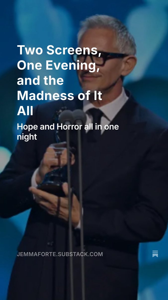 A free read by me on why the Gary Lineker win, followed by the brutal murder of Charlie Kirk was a lot to digest in one evening. 

jemmaforte.substack.com/p/two-screens-…