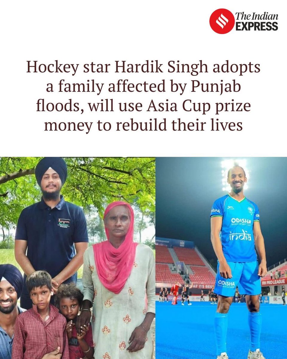 Hockey star Hardik Singh has adopted a family affected by #PunjabFloods , will use his Asia Cup prize money to help rebuild their lives.

🙏🏻🙏🏻🙏🏻🙏🏻