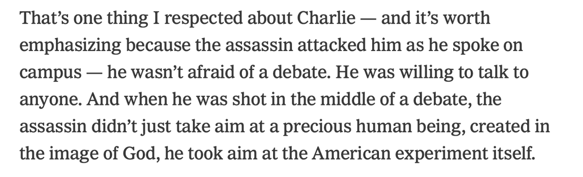 _Ryan_C's tweet photo. Powerful words from @DavidAFrench this morning in his @nytimes piece...Charlie died engaging in peaceful, open debate. Speech, the bedrock of our Republic. 

"...when @charliekirk11 was shot in the middle of a debate, the assassin didn’t just take aim at a precious human being, created in the image of God, he took aim at the American experiment itself."