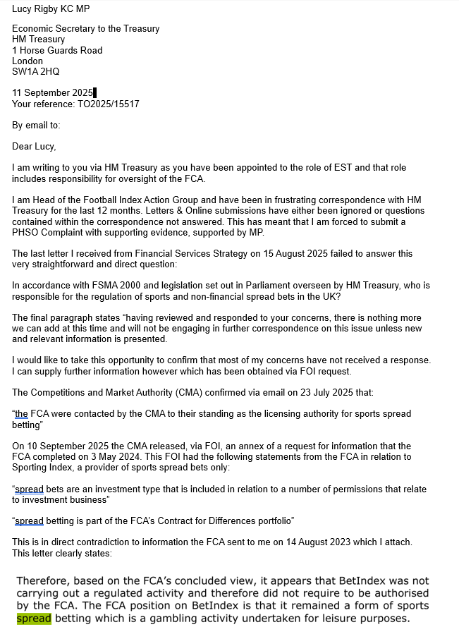 Zidave1's tweet image. @LucyRigby - I am sending you this letter with accompany evidence today to Treasury. I do not expect to receive a response from Treasury. I have enough of those. I need a response from you and a meeting on the requested date re #footballindex enough is enough!