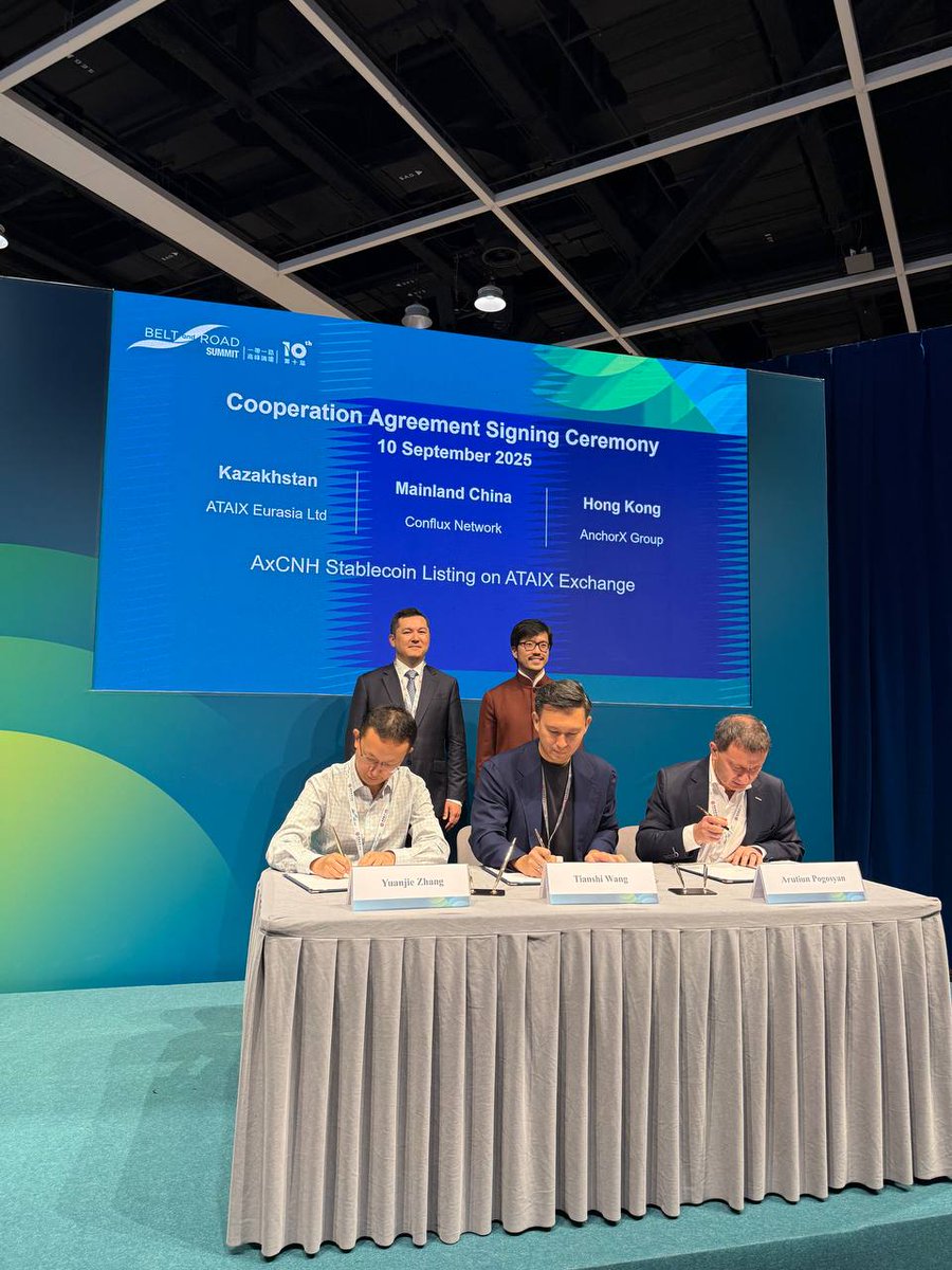 AtaixEurasia's tweet image. 🤝 #ATAIXEurasia &amp;amp; @AnchorX_Ltd signed an MoU at the Belt and Road Summit 2025 in Hong Kong!

ATAIX will list #AxCNH, the first CNH-pegged stablecoin in Kazakhstan, approved in-principle by #AFSA.

A new step for cross-border payments &amp;amp; fintech in the #BRI region.