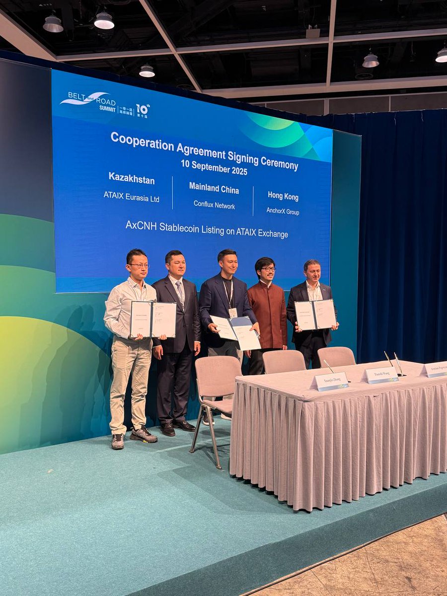 AtaixEurasia's tweet image. 🤝 #ATAIXEurasia &amp;amp; @AnchorX_Ltd signed an MoU at the Belt and Road Summit 2025 in Hong Kong!

ATAIX will list #AxCNH, the first CNH-pegged stablecoin in Kazakhstan, approved in-principle by #AFSA.

A new step for cross-border payments &amp;amp; fintech in the #BRI region.