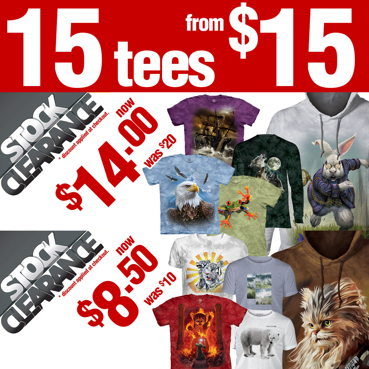 How's 15 Tees priced from $15 sound? themountain.com/weekly-special… NEW Clearance items our $20 Clearance section is now $14 and our $10 section is now $8.50 this week only! #MountainArtwear #themountainteeshirts #themountainshirts