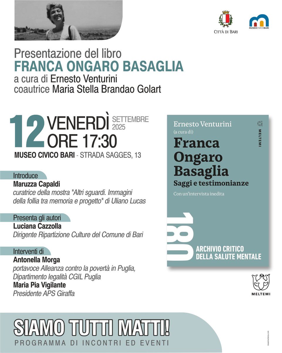 Nell’ambito della mostra di #UlianoLucas e con l’avvio del progetto #SiamoTuttiMatti sul tema della salute mentale, venerdì 12 settembre si presenta il libro dedicato a Franca Ongaro Basaglia.

Museo Civico Bari, ore 17:30.

<a href="/ComunediBari/">Comune di Bari</a>