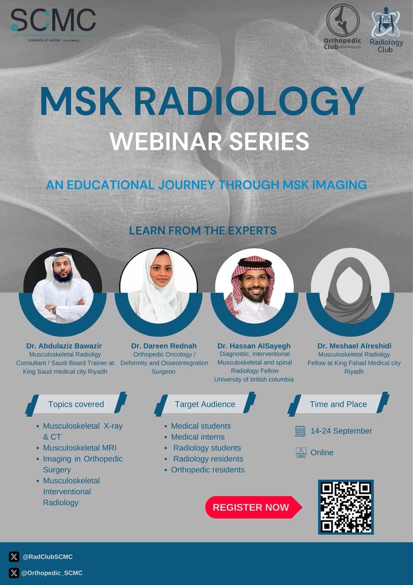 RadclubSCMC's tweet image. Excited to announce our upcoming MSK Radiology Webinar Series 🦴🩻

Join us for a comprehensive educational journey through MSK imaging, led by top experts in the field!

🔗 Registration form: forms.gle/yZ3mYiLRowouZw…