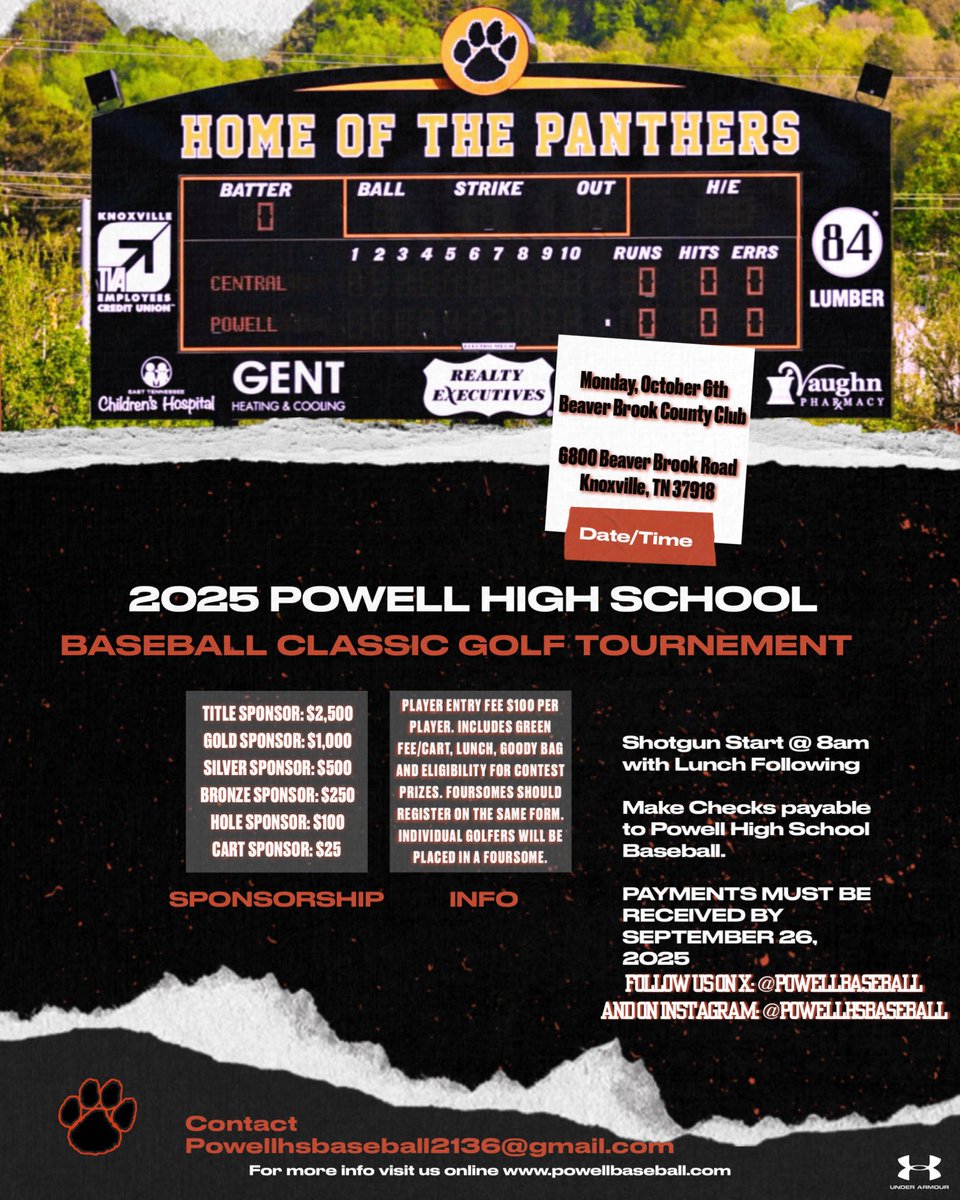 PowellBaseball's tweet image. Powell Baseball invites you to our annual golf tournament at @beaverbrookgcc on October 6th at 8am. Shotgun start, lunch included. Sponsorships still available. Join us for an enjoyable day while supporting your Panthers! Please reach out via DM or powellhsbaseball2136@gmail.com