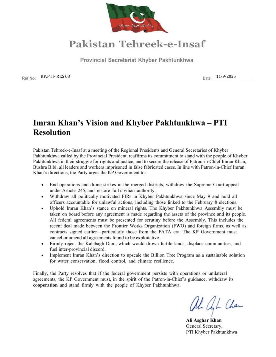 Pakistan Tehreek-e-Insaf at a meeting of the Regional Presidents and General Secretaries of Khyber Pakhtunkhwa called by the Provincial President, reaffirms its commitment to stand with the people of Khyber Pakhtunkhwa in their struggle for rights and justice, and to secure the