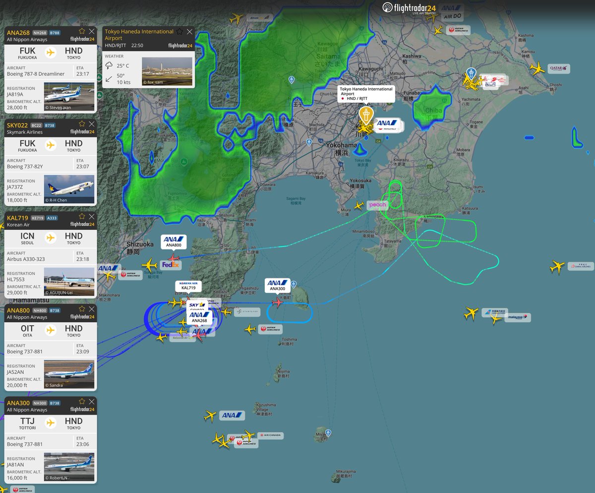 A lot of inbound holding for Tokyo-Haneda and arrival delays now averaging more than 1 hour due to storms. flightradar24.com/airport/hnd